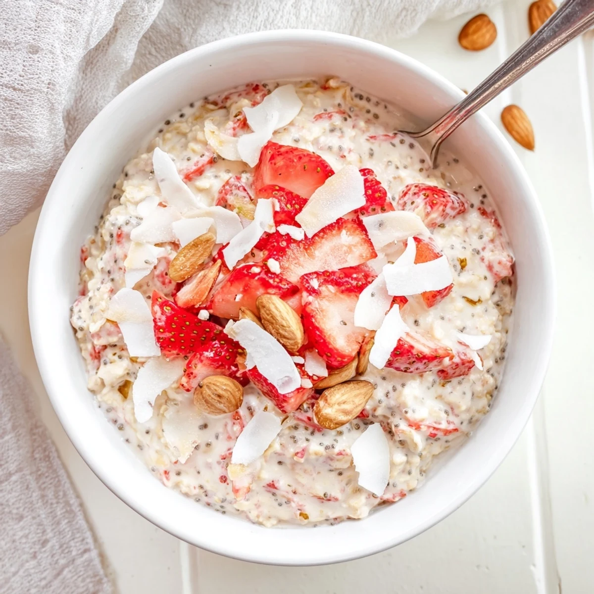 Strawberry Overnight Oats with chia seeds and honey served chilled in a glass jar, perfect for busy mornings.