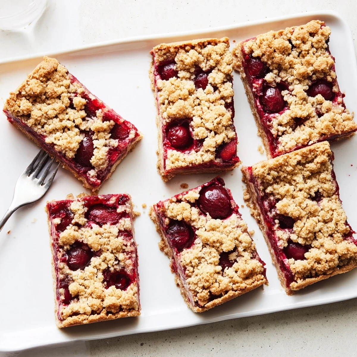 Warm Easy Tasty Cherry Crumble Bars with a golden oat topping and bubbly red cherry filling, cut on a wooden board.