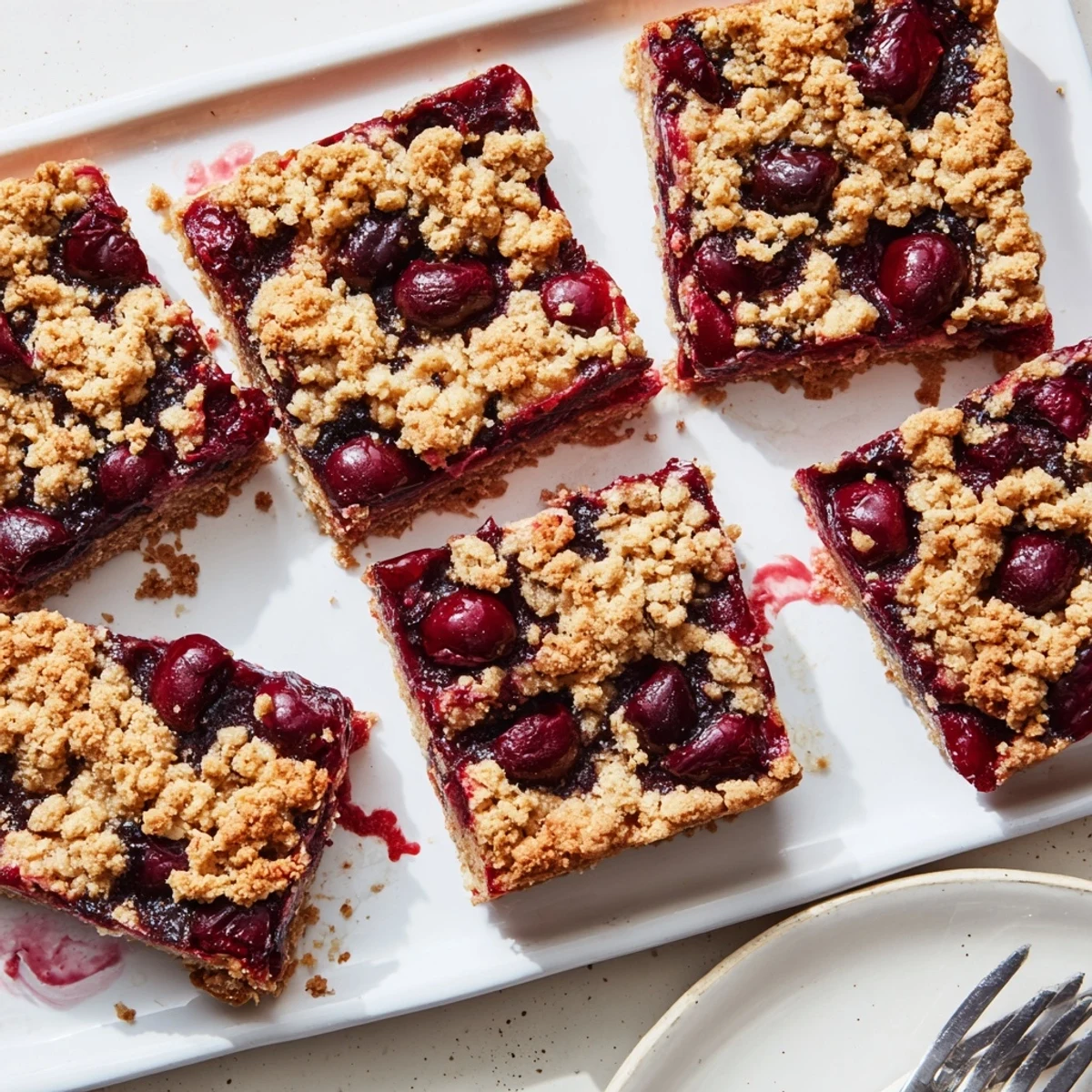 A close-up of Easy Tasty Cherry Crumble Bars revealing juicy cherries and crumbly topping, ready to enjoy with vanilla ice cream.