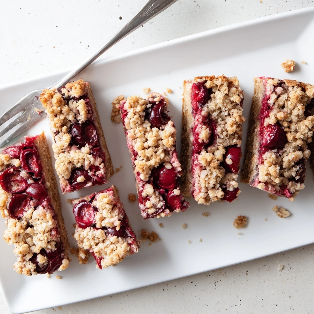 Easy Tasty Cherry Crumble Bars layered with buttery crust and oats, served on a white plate beside fresh cherries.