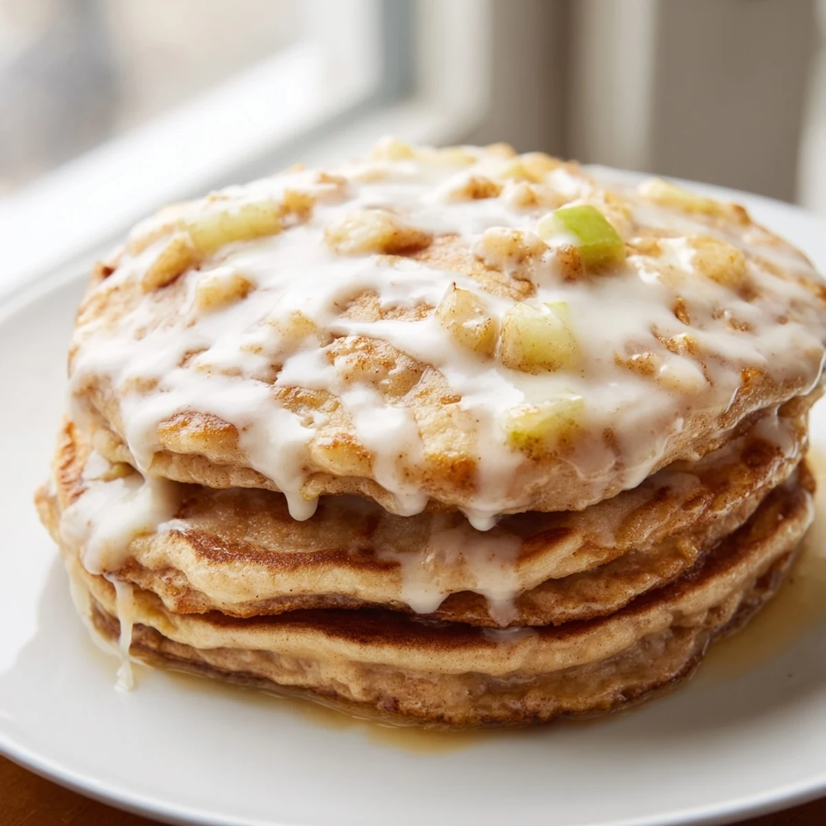 Apple Fritter Pancakes with tender apples and cinnamon, served warm on a rustic plate.