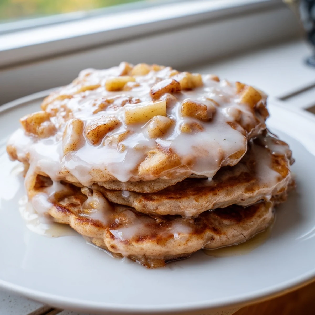 Fluffy Apple Fritter Pancakes stacked high, glistening with sweet glaze, ready for a cozy breakfast.