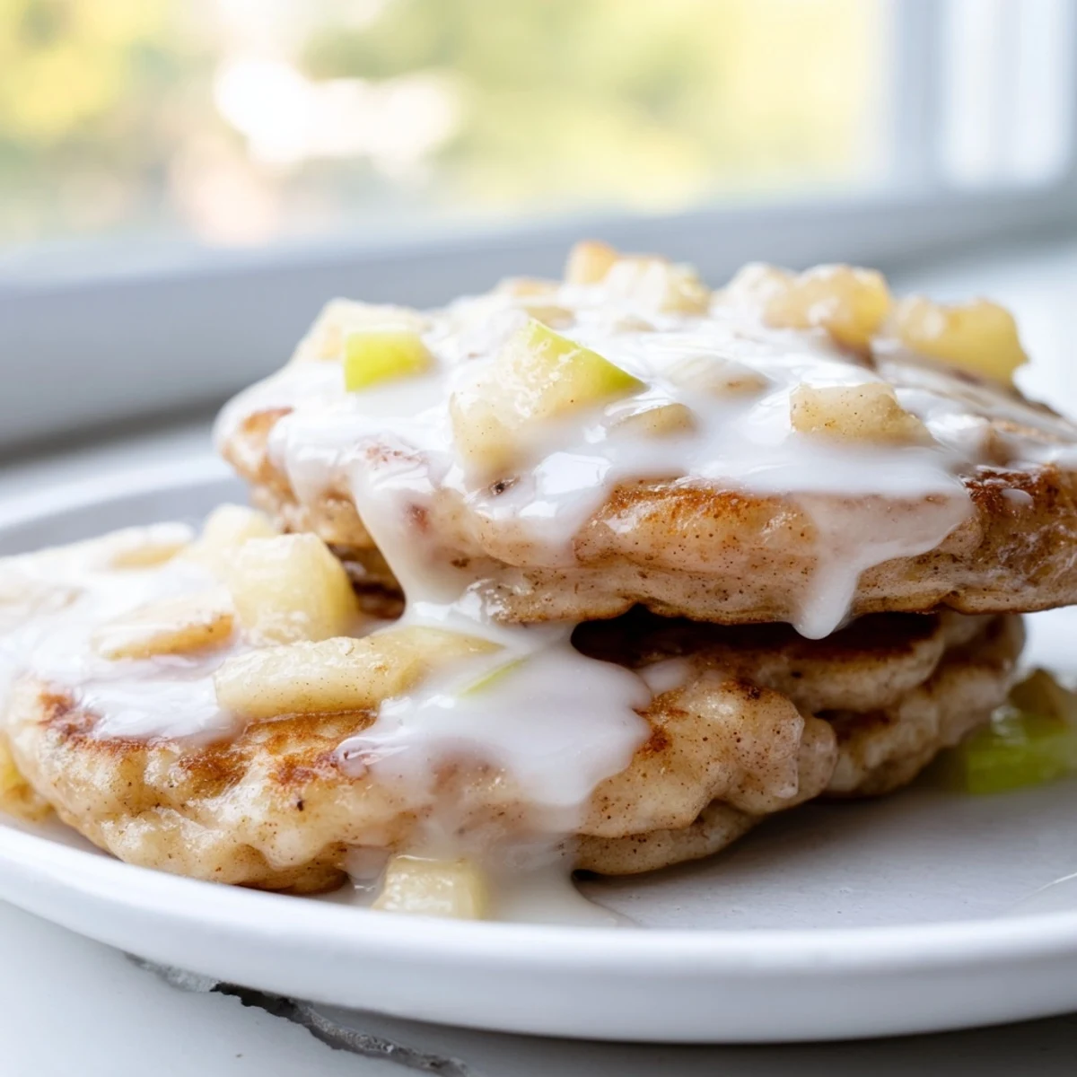Golden-brown Apple Fritter Pancakes drizzled with glaze, a delicious vegetarian American brunch treat.