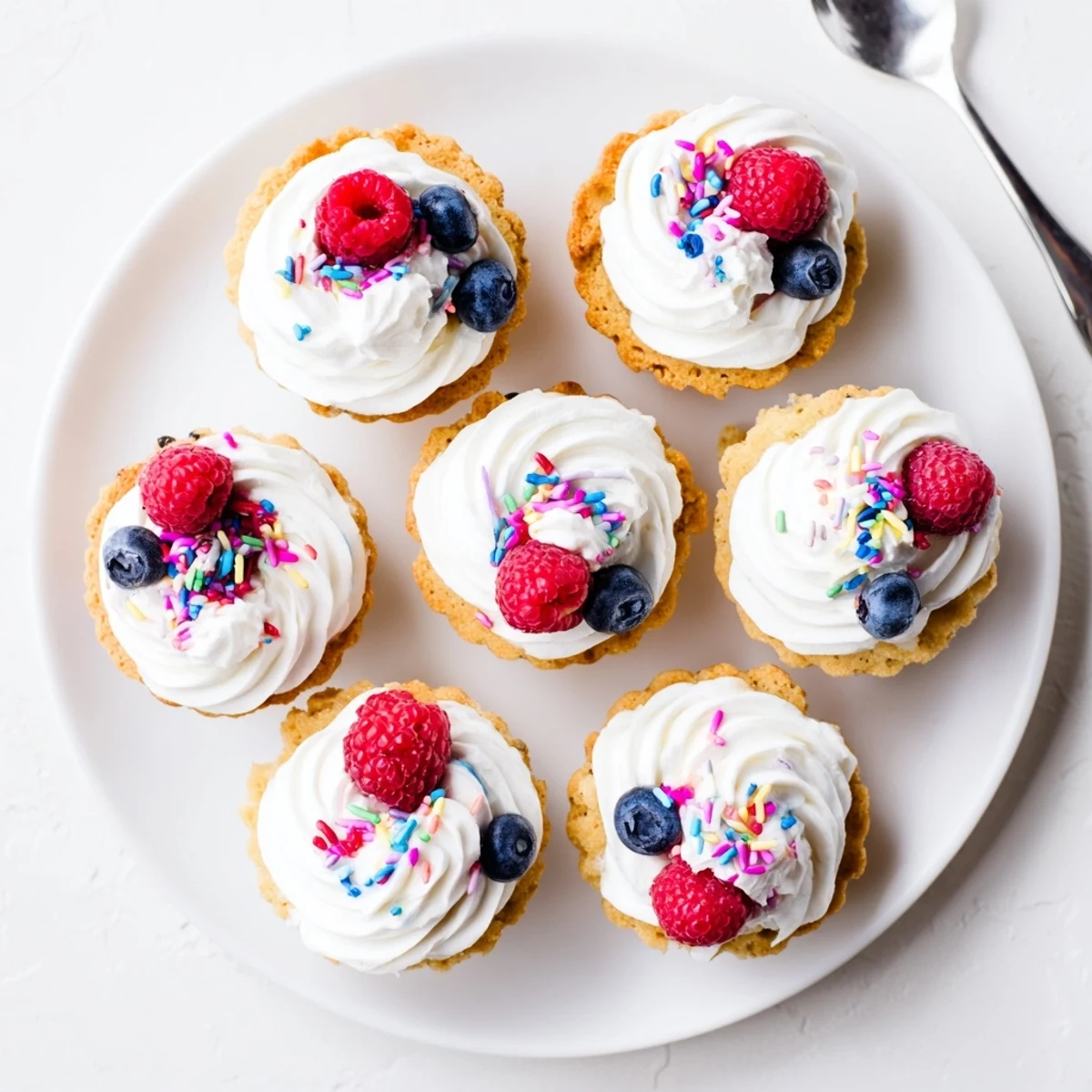Golden brown Sugar Cookie Cups arranged on a white ceramic plate, filled with fluffy vanilla whipped cream and topped with fresh raspberries and blueberries for a festive party dessert.