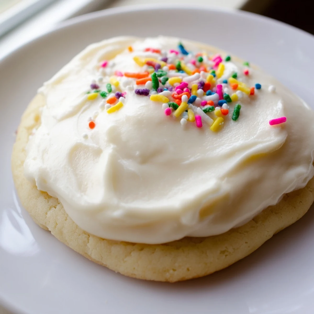 Freshly baked Soft Sour Cream Sugar Cookies With Cream Cheese Frosting feature thick, tender cookies with luscious frosting and colorful sprinkles.