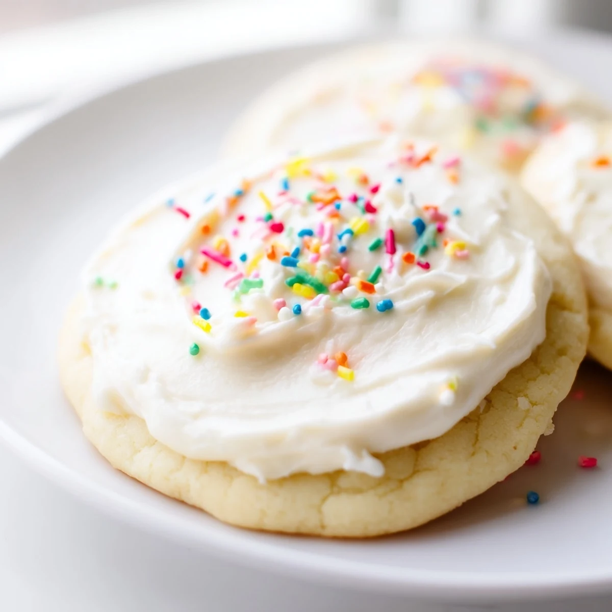 A plate of Soft Sour Cream Sugar Cookies With Cream Cheese Frosting showcases creamy frosting swirls and a melt-in-your-mouth texture on a marble counter.