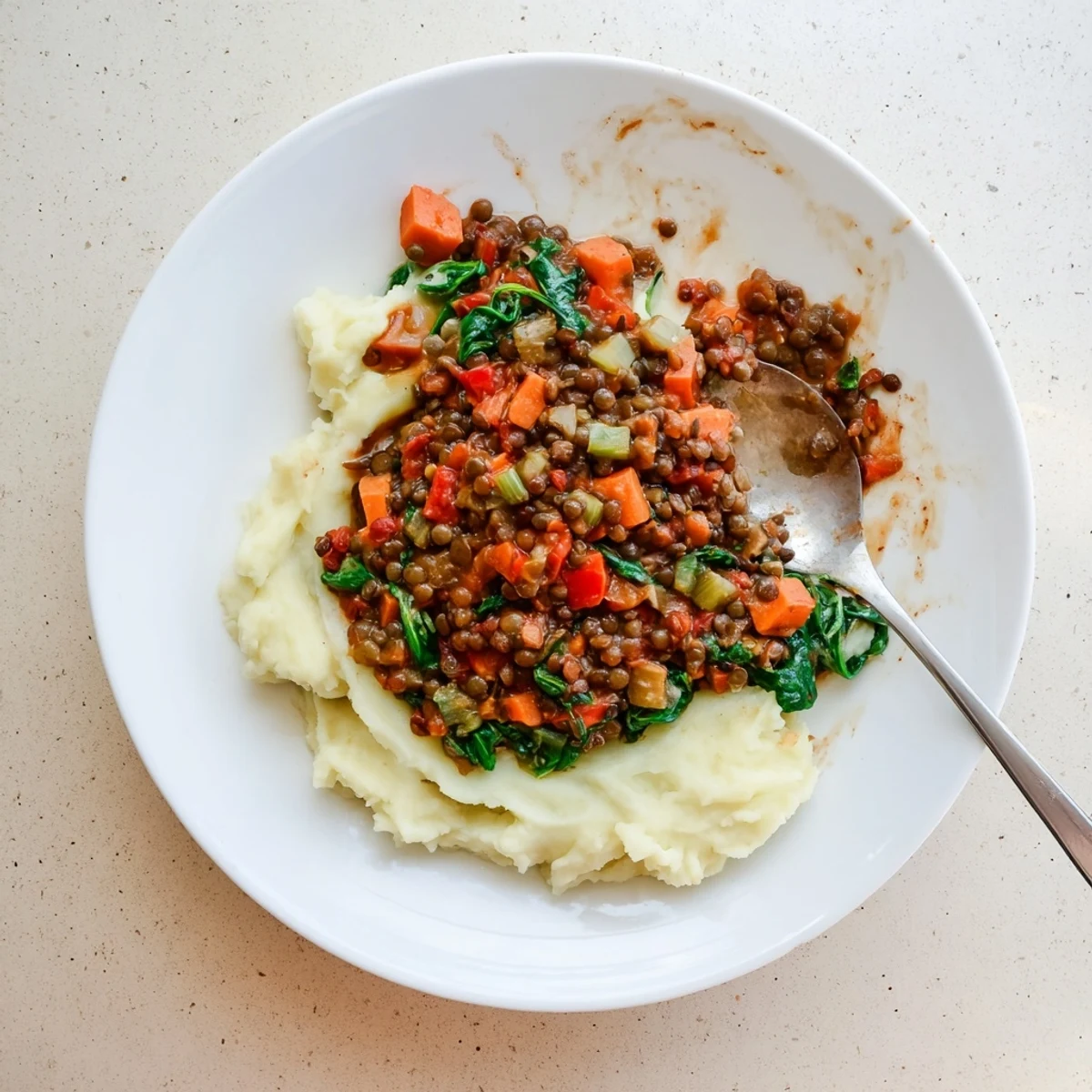 Steam rises from the warm Lentil Stew Over Creamy Mashed Potatoes in a rustic ceramic bowl.