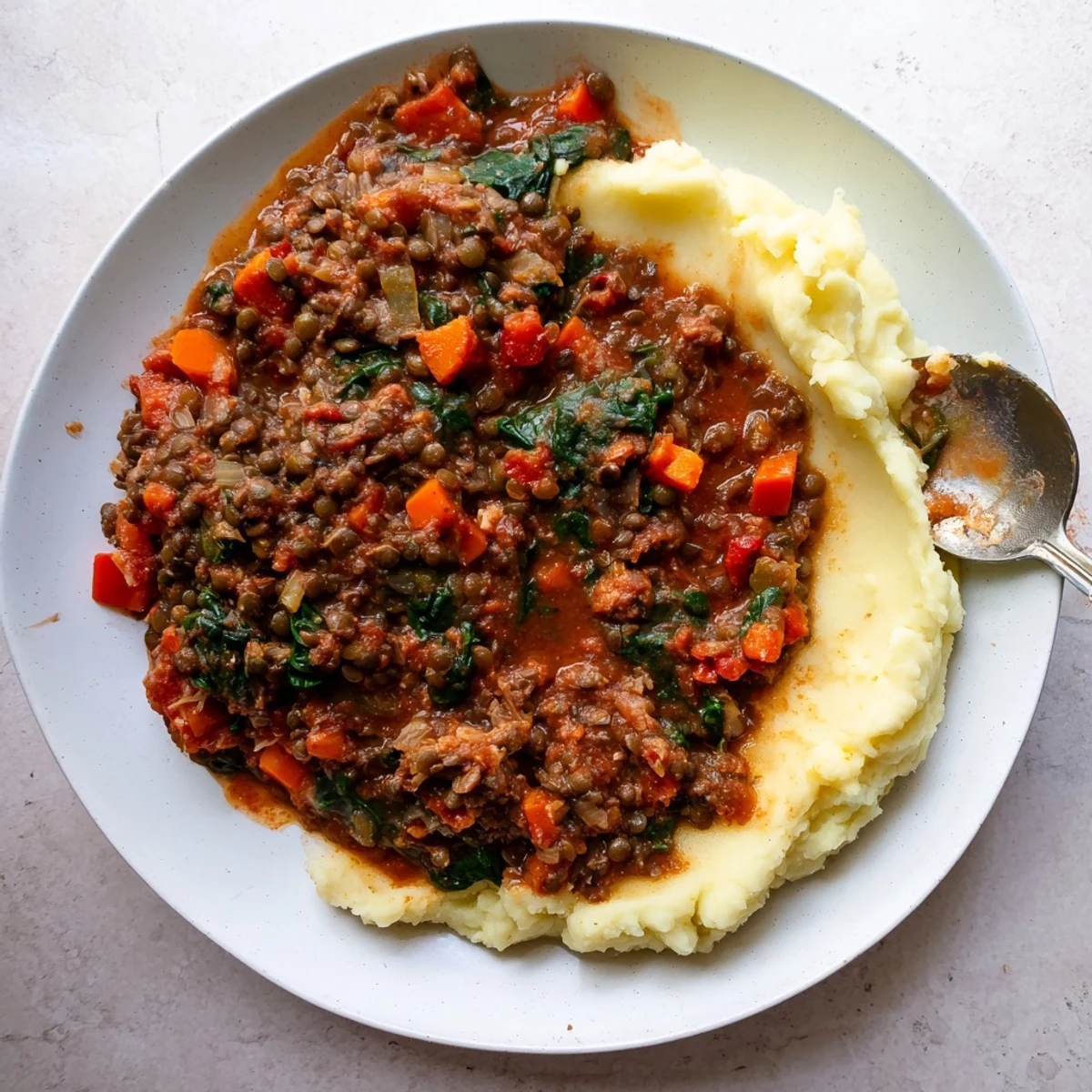 Lentil Stew Over Creamy Mashed Potatoes ladled over fluffy, buttery potatoes garnished with fresh parsley.