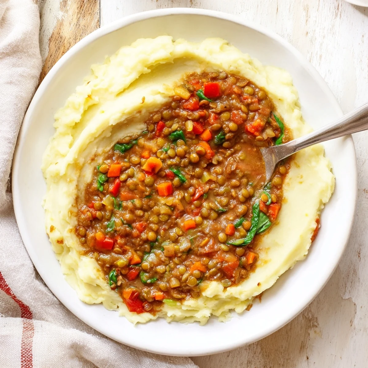Hearty Lentil Stew Over Creamy Mashed Potatoes served with a side of crusty bread on the side.