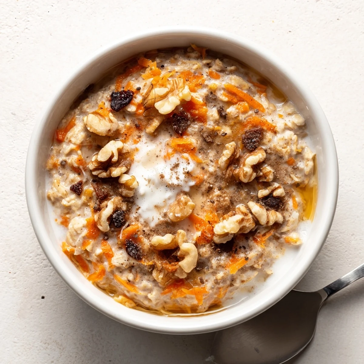 Carrot Cake Overnight Oats layered with Greek yogurt, maple syrup, and raisins in a clear jar.