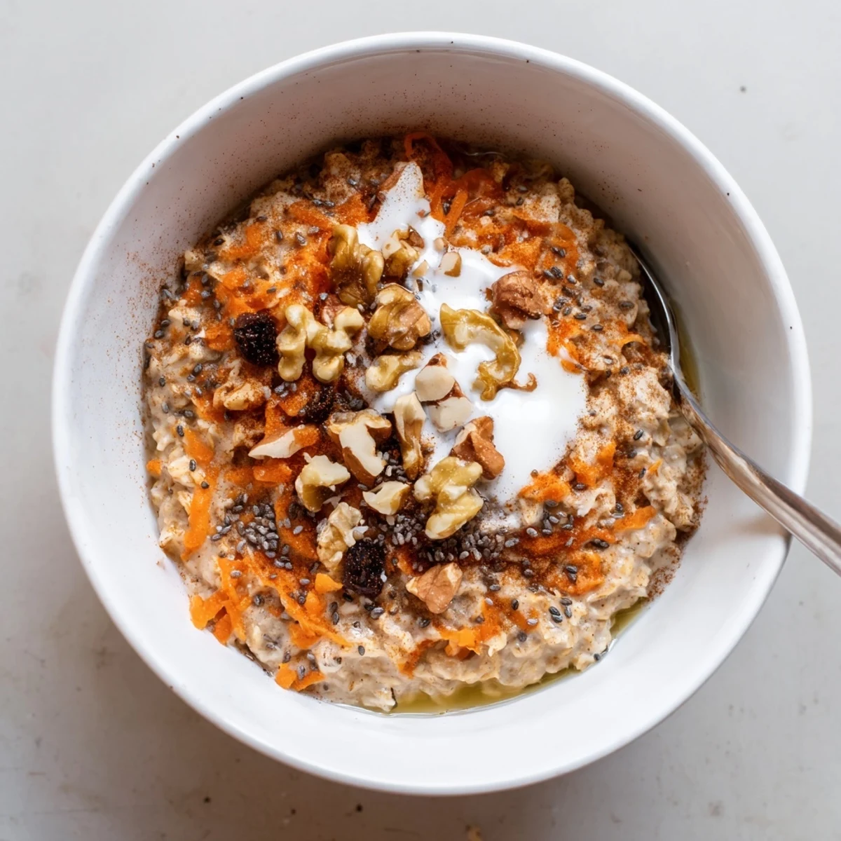 Creamy overnight oats infused with warm spices and topped with shredded carrots and crunchy walnuts.