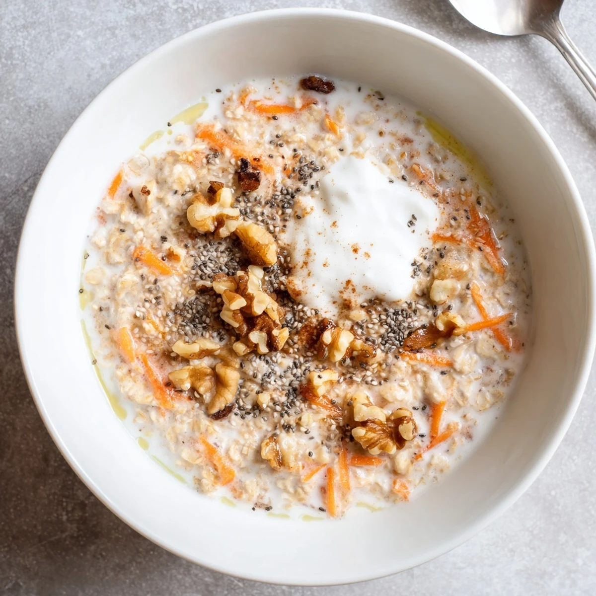 Chilled Carrot Cake Overnight Oats breakfast with grated carrots, cinnamon, pecans, and a sweet drizzle.