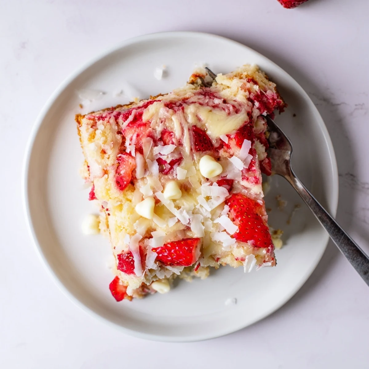 A sliced view of a Strawberry Earthquake Cake showing marbled cheesecake swirls and fresh berry chunks on a moist cake base.