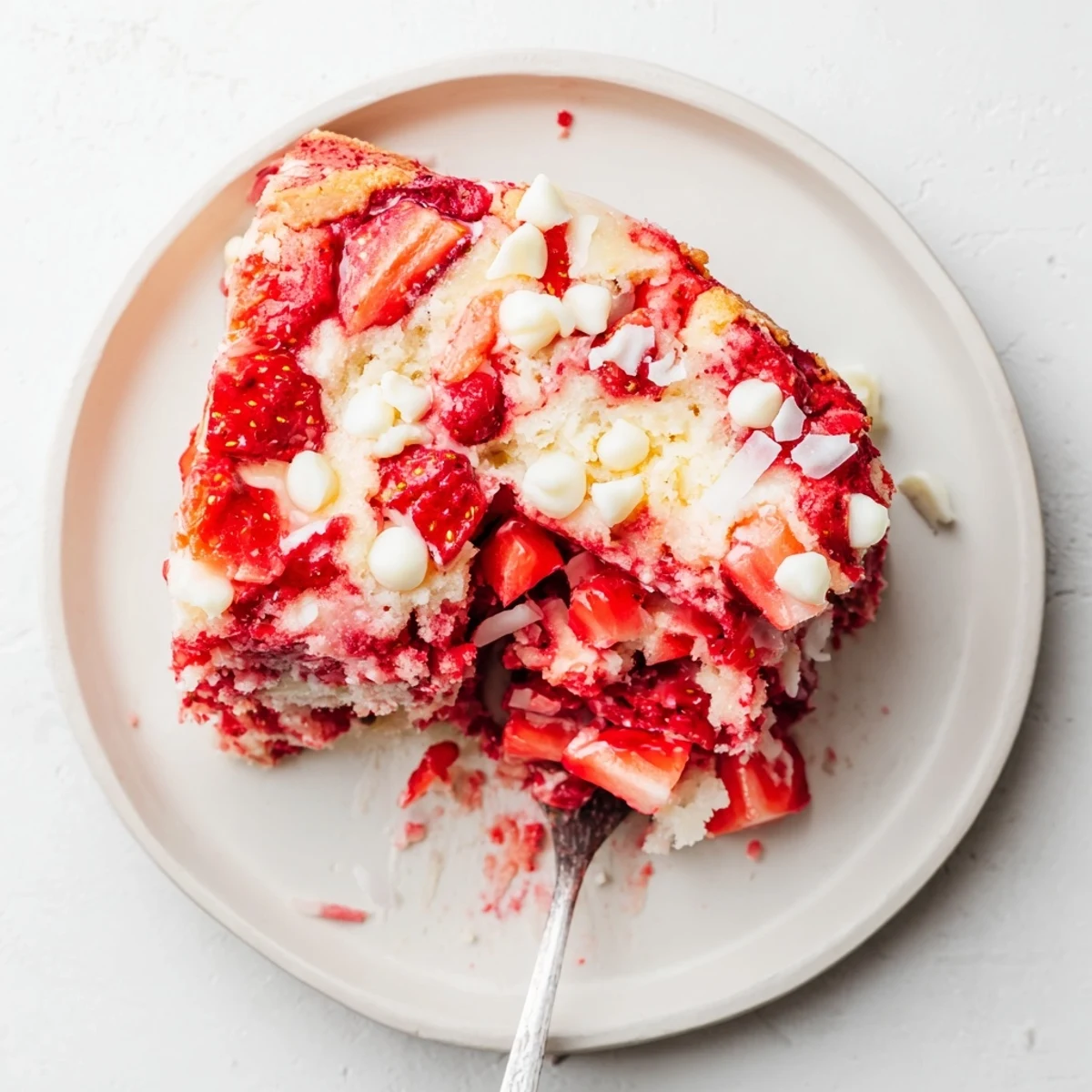 Serving suggestion of a warm slice of Strawberry Earthquake Cake paired with vanilla ice cream on a white plate.