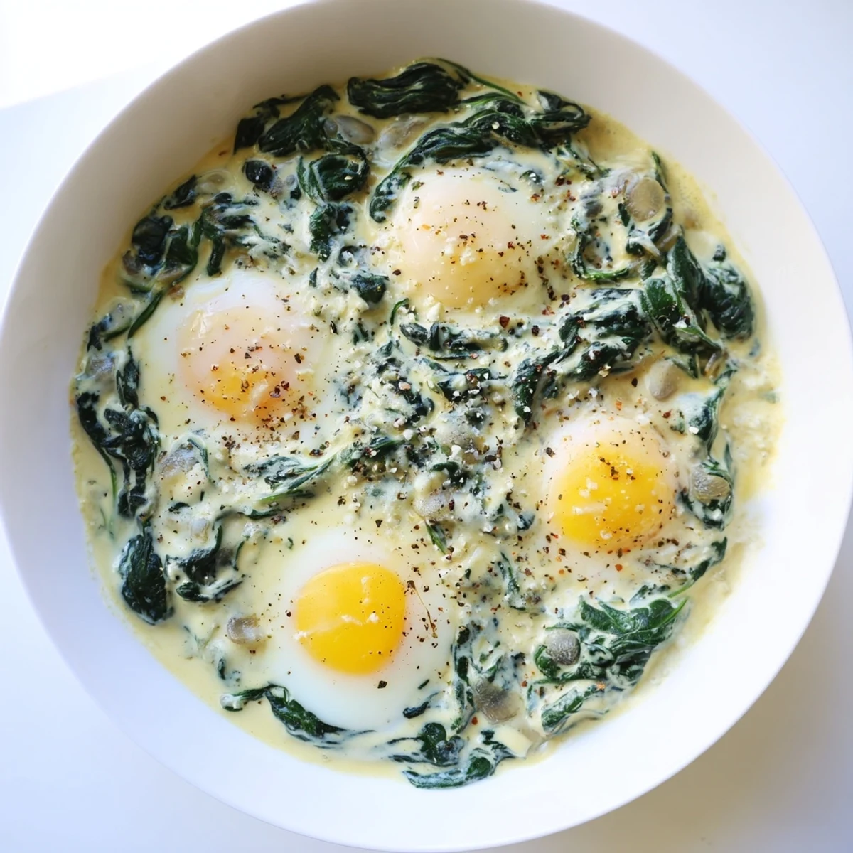 Creamy Spinach and Eggs served steaming in a skillet, with soft yolks pooling into the rich green sauce, perfect for a protein-packed breakfast.