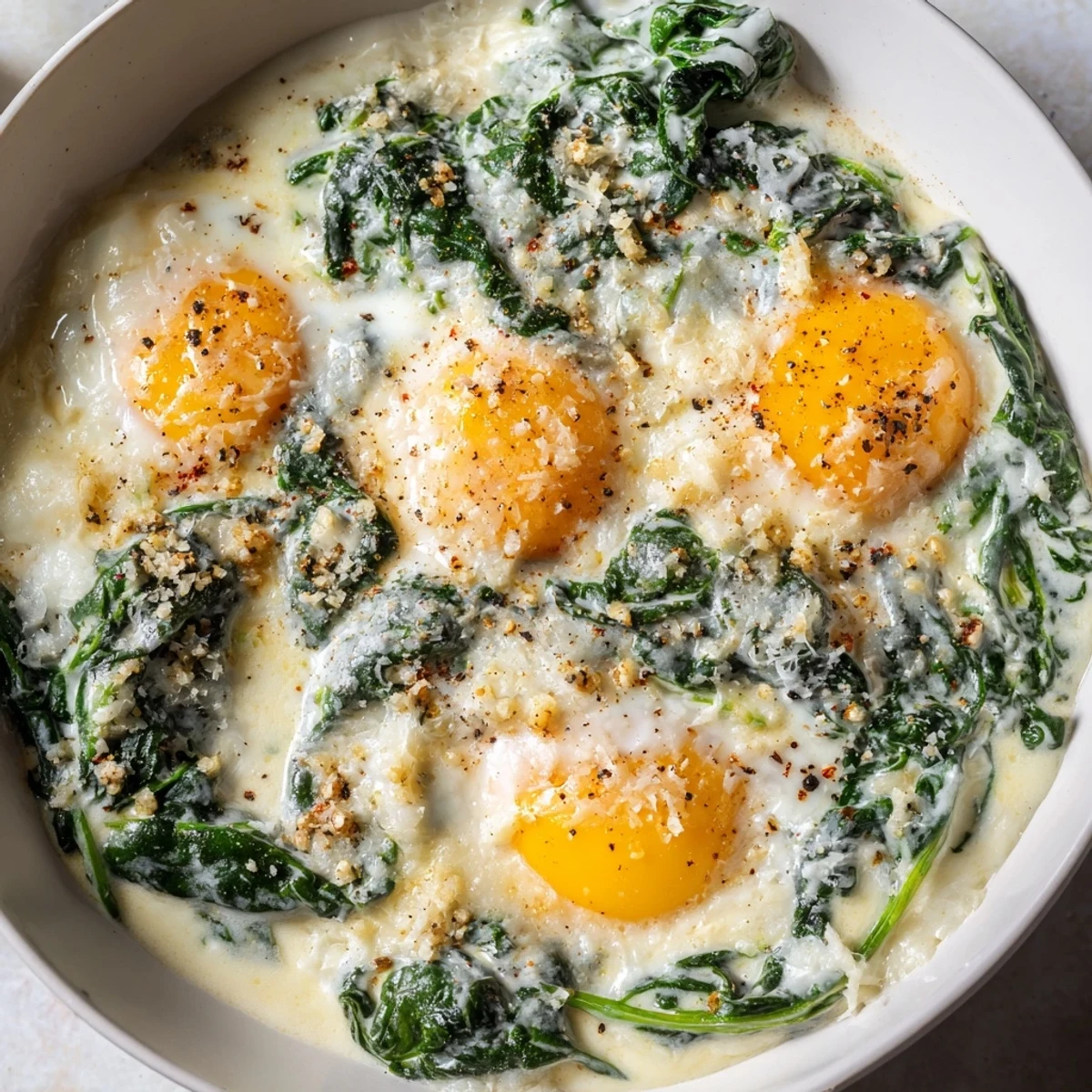 Velvety Creamy Spinach and Eggs with a golden crust, featuring tender wilted spinach leaves and a fragrant hint of nutmeg in every bite.