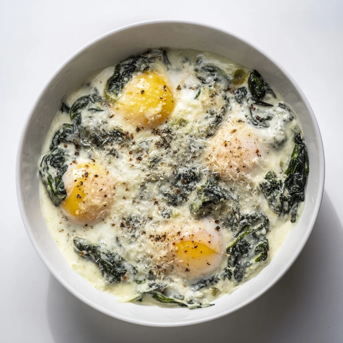 A comforting bowl of Creamy Spinach and Eggs garnished with fresh herbs, ready to serve alongside toasted bread for a wholesome, vegetarian meal.