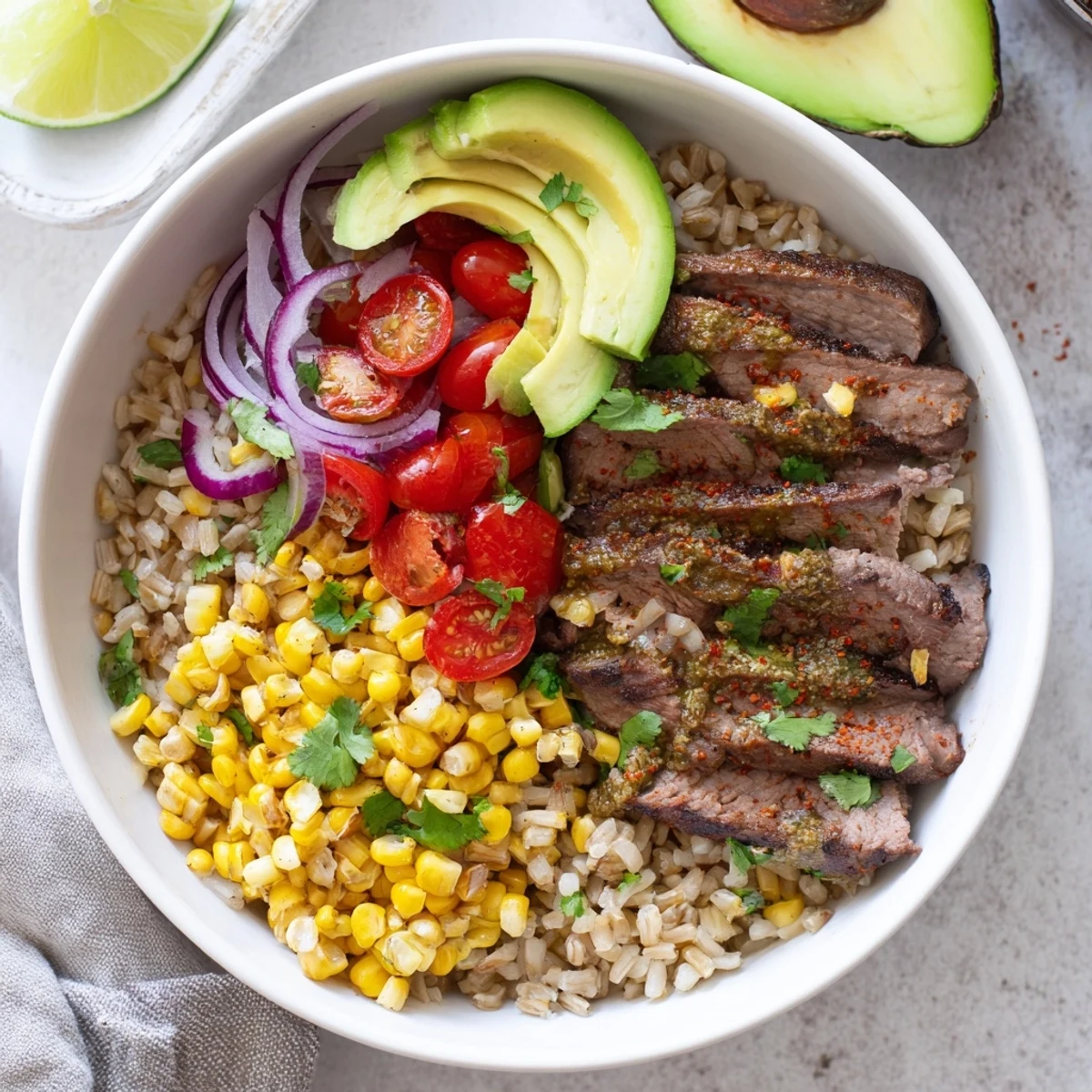 Grilled flank steak slices and creamy avocado sit atop brown rice in this Steak Avocado Roasted Corn Bowl.