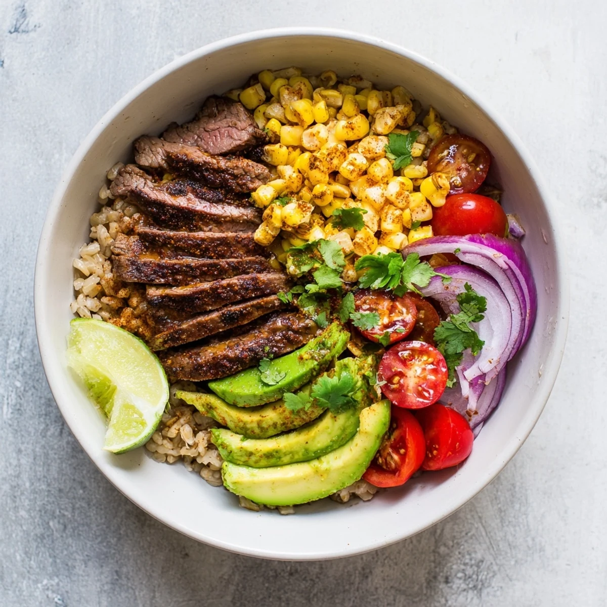 Juicy sliced steak, roasted corn, and avocado combine in this Steak Avocado Roasted Corn Bowl lunch.