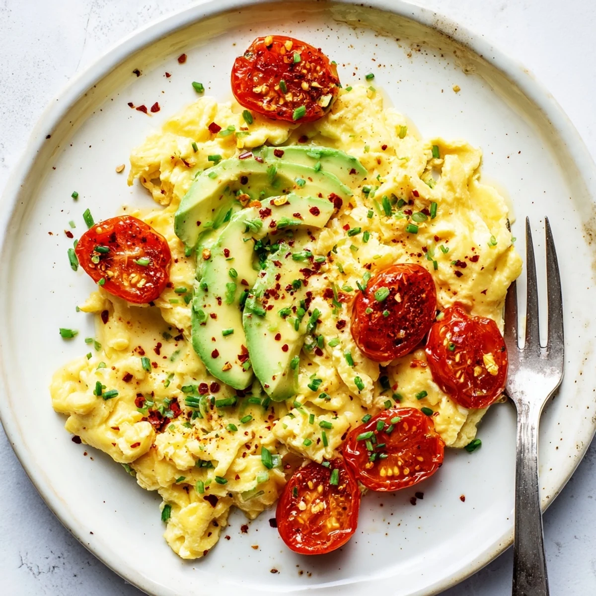 Golden scrambled eggs with avocado and seared tomatoes garnished with fresh chives on a white plate.