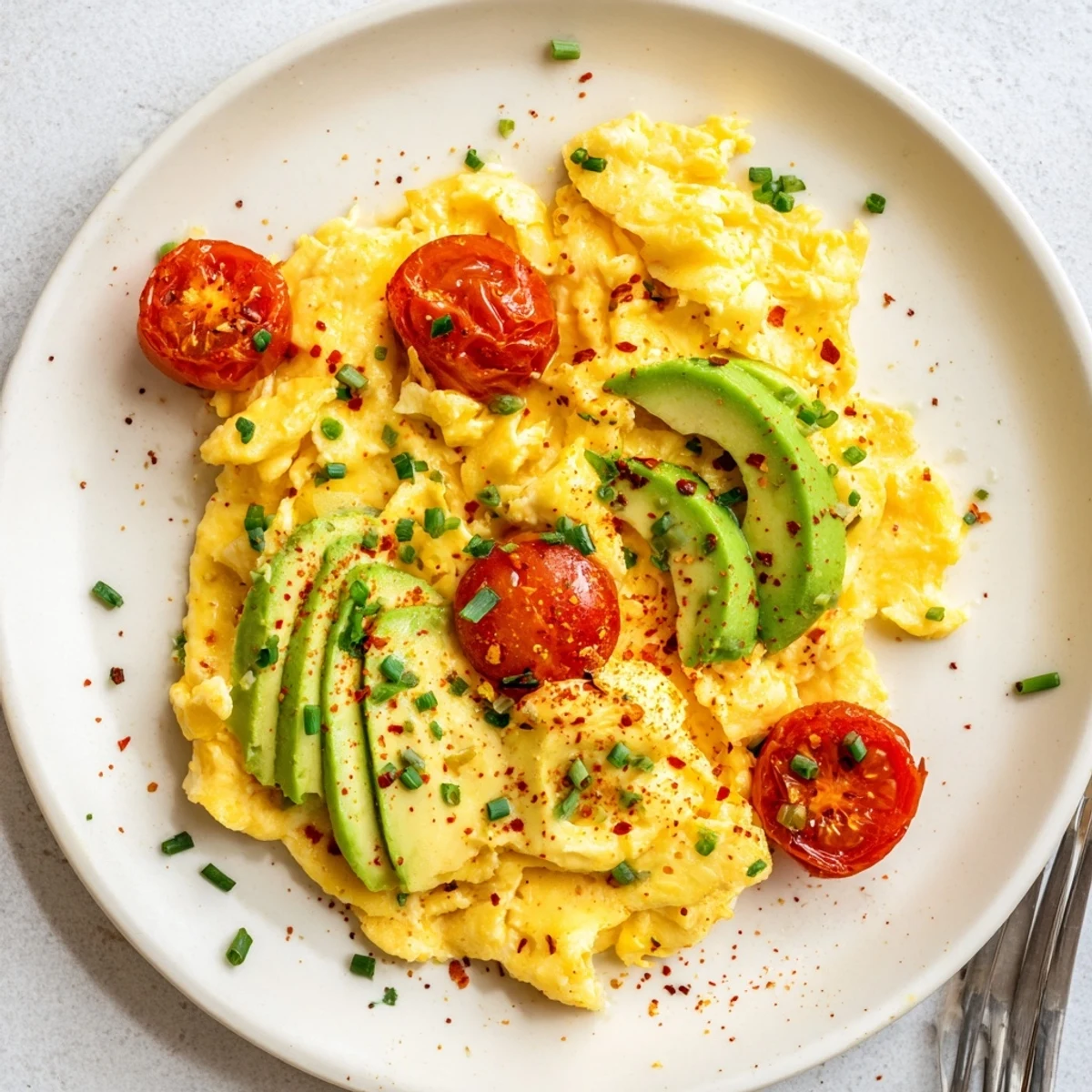 Warm scrambled eggs with avocado and seared tomatoes served with whole-grain toast and red pepper flakes.