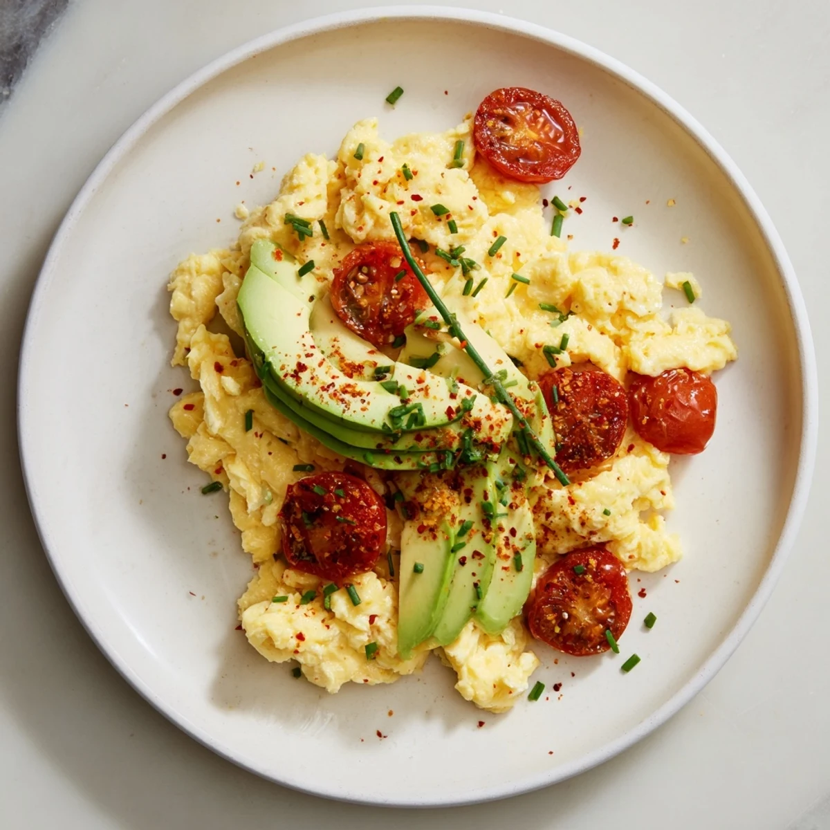 Soft scrambled eggs topped with avocado slices and caramelized cherry tomatoes ready for a healthy brunch.