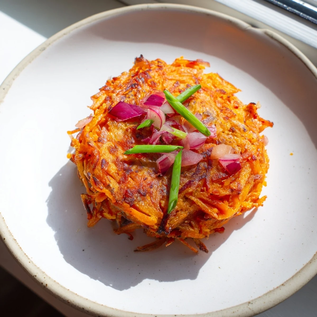 Golden-brown Healthy Sweet Potato Hash Browns fresh from the oven, with crispy edges and a tender center, served on a white plate.