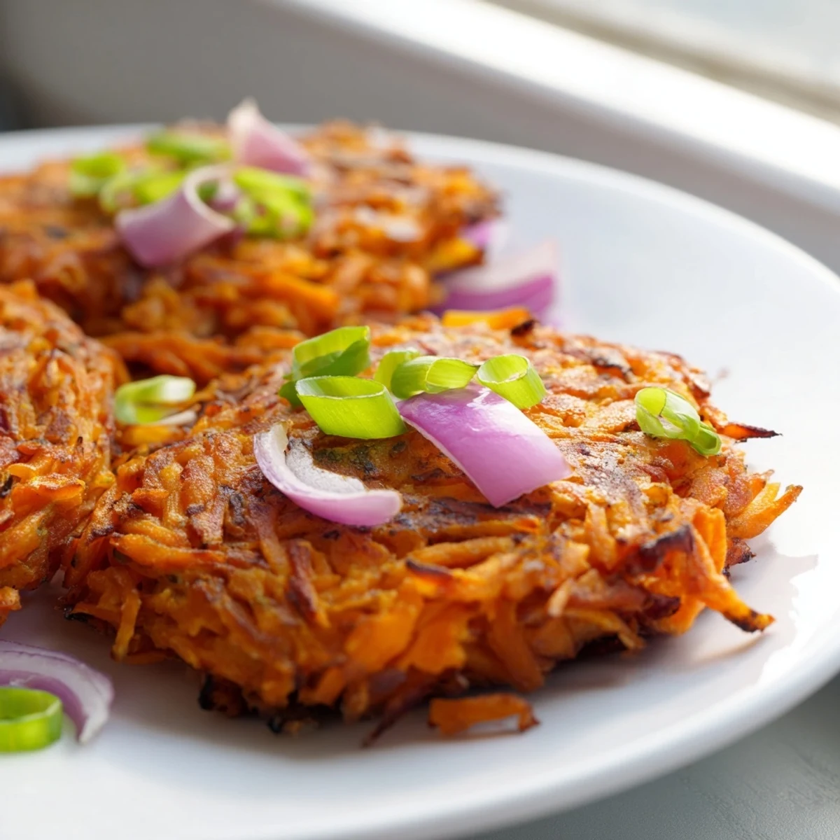 A close-up of Healthy Sweet Potato Hash Browns showing their vibrant orange color and flecks of green onion, ready to be enjoyed.