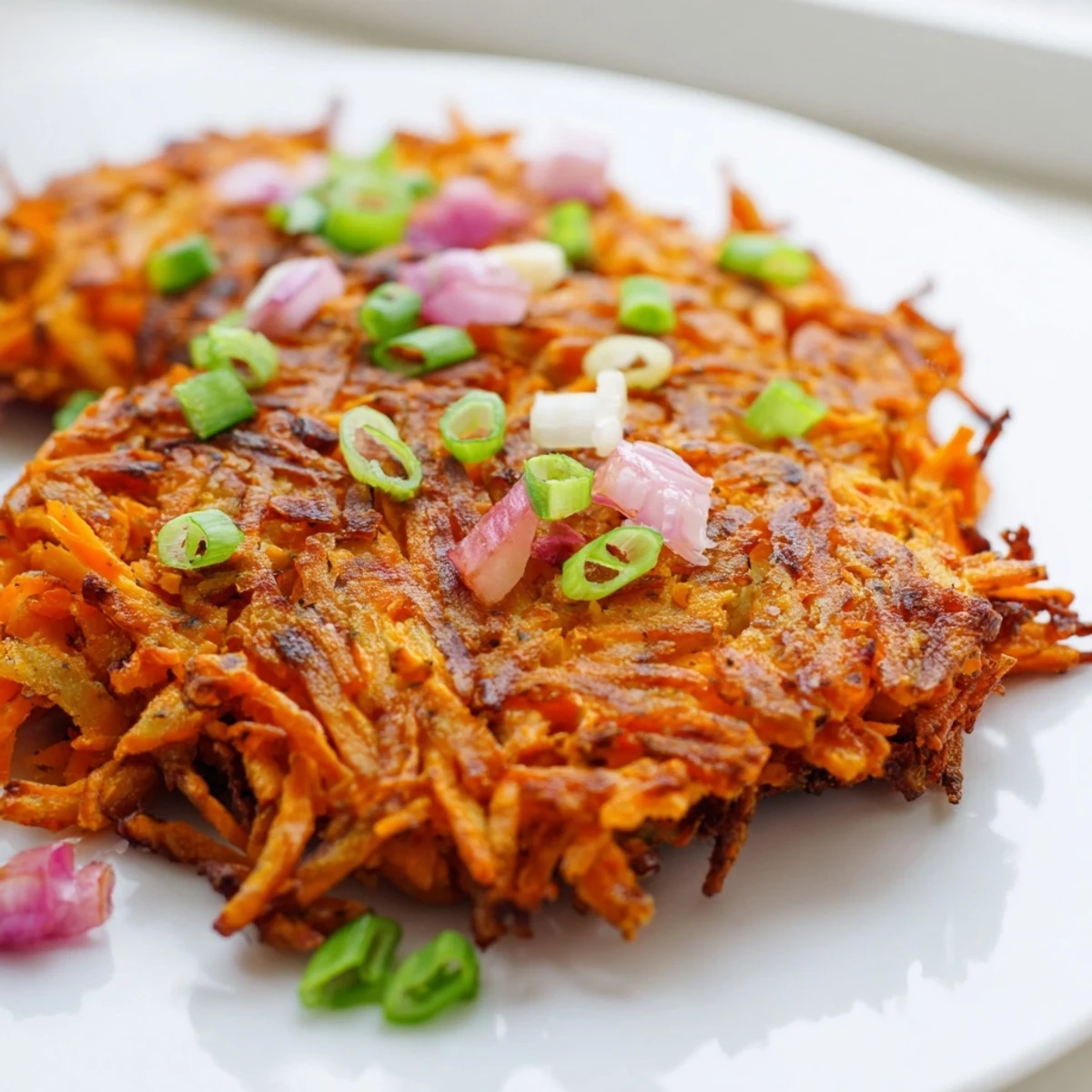 Healthy Sweet Potato Hash Browns arranged on a baking sheet with parchment paper, highlighting their crunchy texture and savory seasoning.