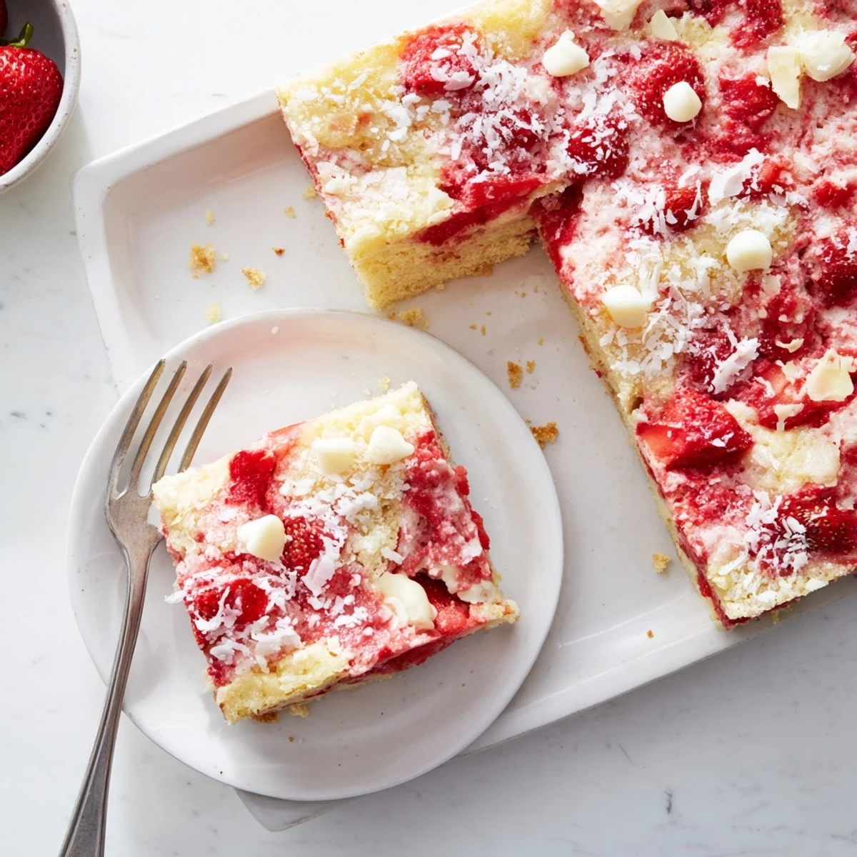 Swirling cream cheese and fresh strawberries create the signature cracked look in this Strawberry Earthquake Cake served chilled on a white plate.
