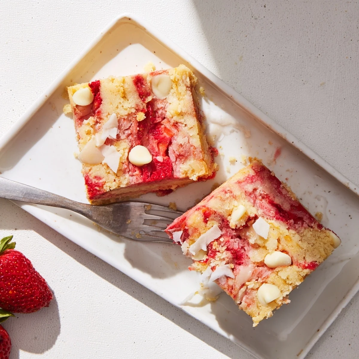 A close-up shows the dramatic earthquake pattern with cream cheese filling and berries, making this Strawberry Earthquake Cake ideal for party gatherings.