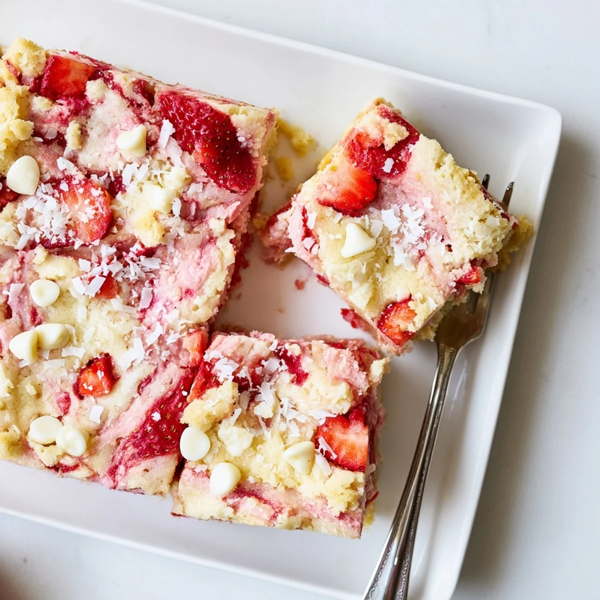 Warm slices reveal gooey white chocolate chips and moist crumb in a beautifully marbled Strawberry Earthquake Cake on a rustic wooden board.