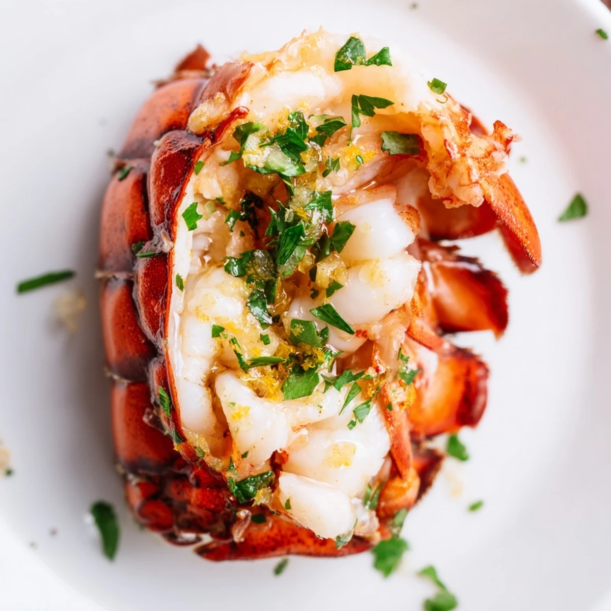 The smoked lobster tails are arranged on a platter, drizzled generously with melted garlic butter and fresh parsley, ready to serve.