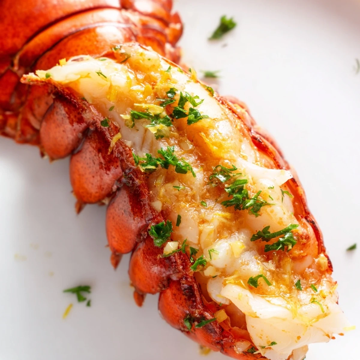 This close-up shows tender smoked lobster tails with garlic butter glistening, garnished with lemon wedges on a rustic wooden board.