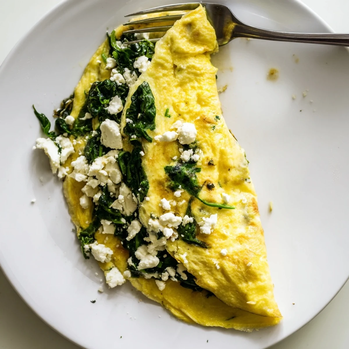 A close-up of the 15-Minute Spinach and Feta Omelet showing wilted greens and crumbled cheese on a plate.
