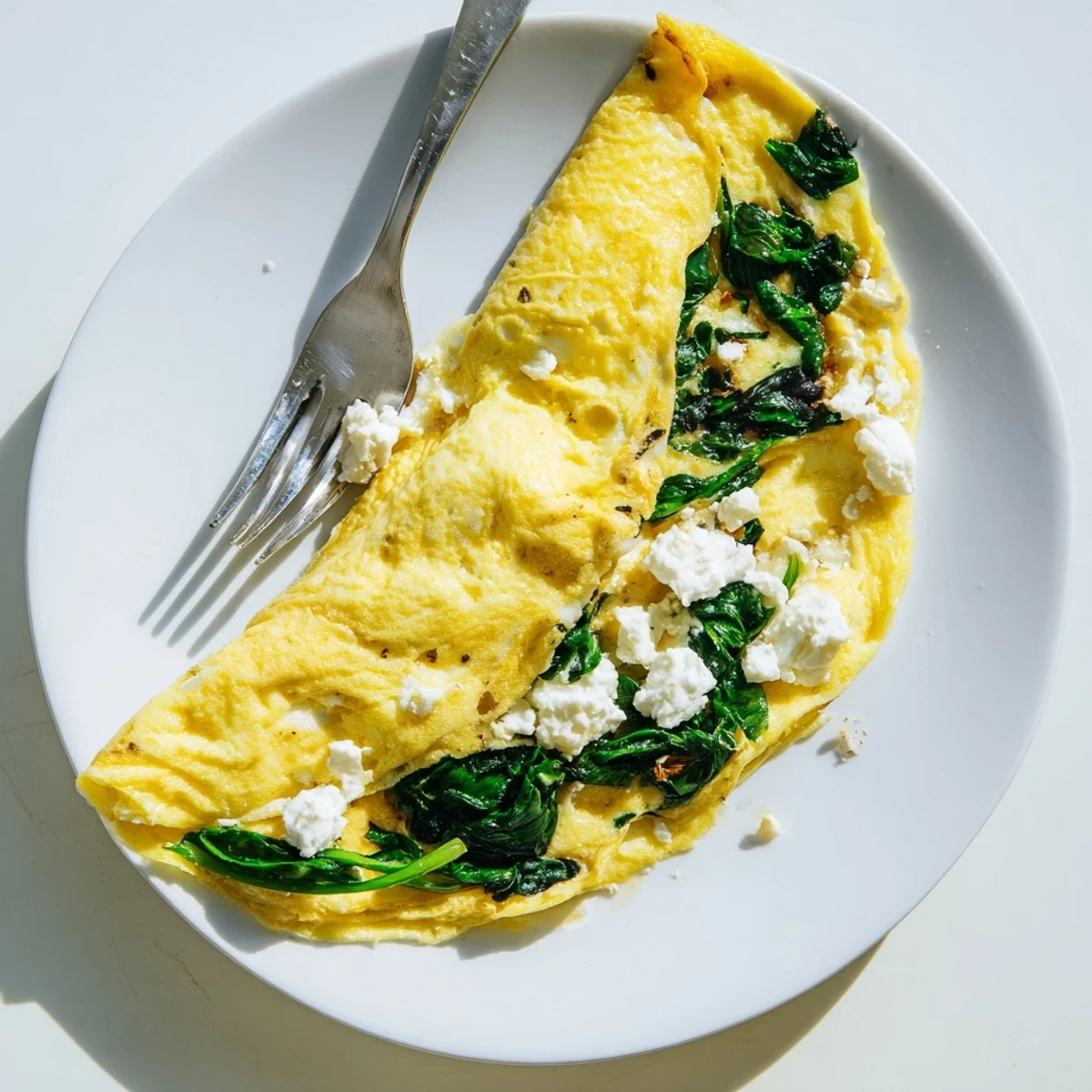 Fluffy eggs and melted feta cheese in the 15-Minute Spinach and Feta Omelet, garnished with fresh herbs.
