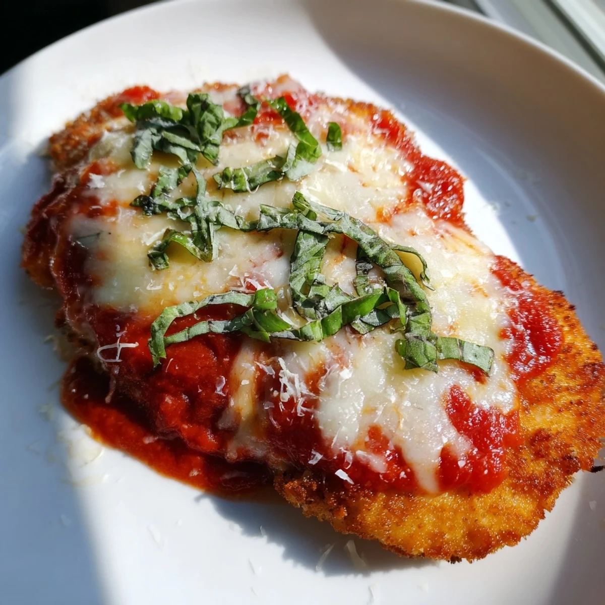 A close-up shot of Amazing 15 Minute Keto Chicken Parmesan, highlighting juicy chicken breasts coated in rich marinara sauce.