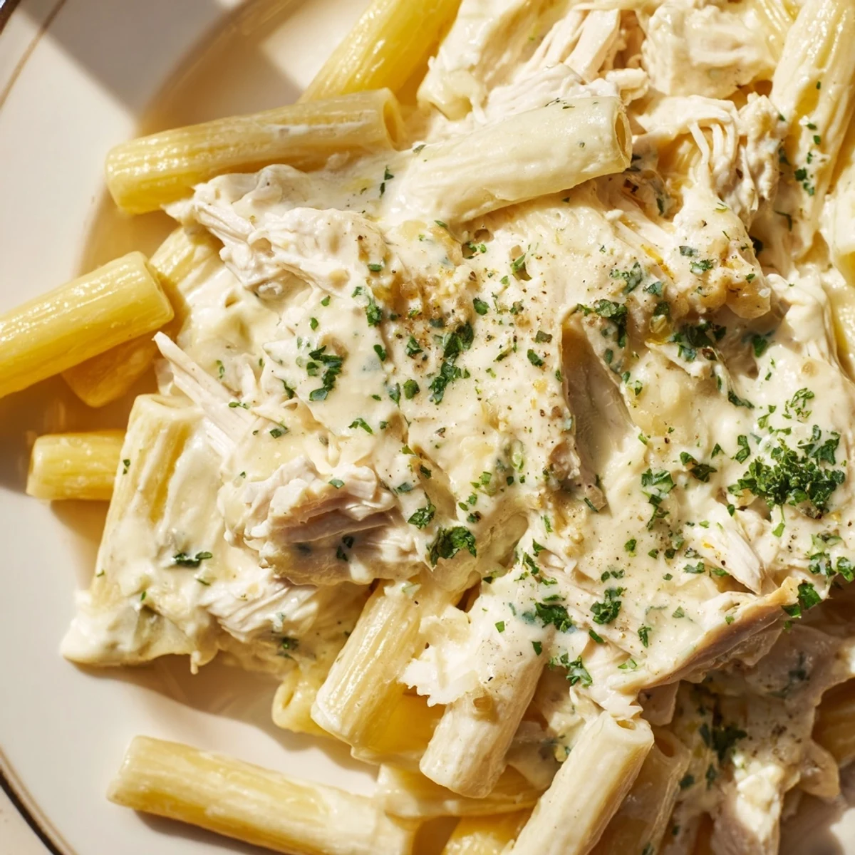 Crockpot Garlic Parmesan Chicken Pasta features tender shredded chicken in a creamy, garlicky sauce over penne, garnished with fresh parsley.