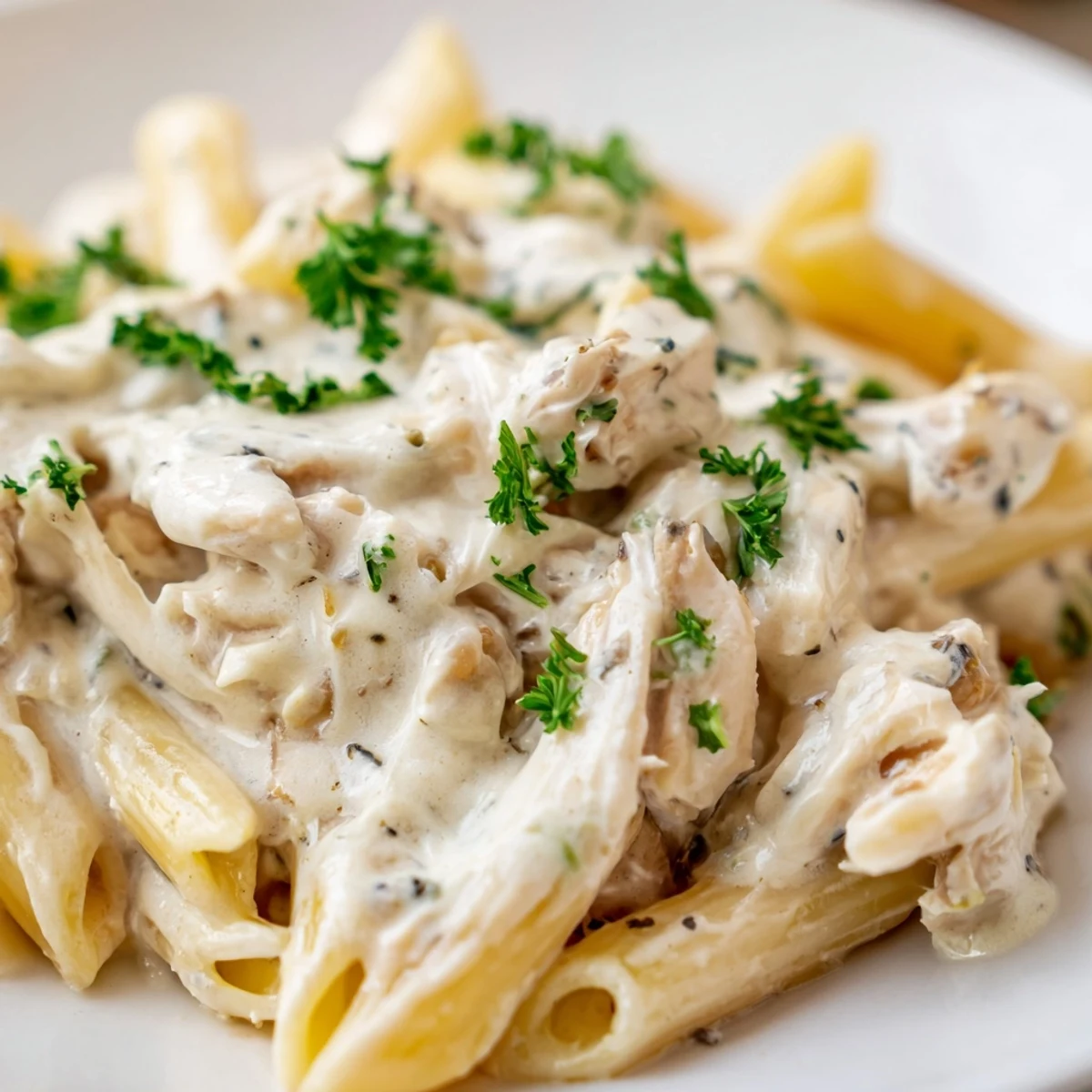 A serving of Crockpot Garlic Parmesan Chicken Pasta rests in a bowl, steam rising, next to a fork and a slice of garlic bread.