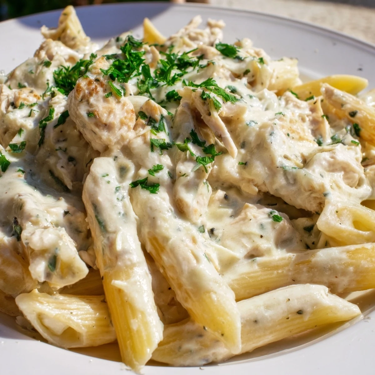 Golden Crockpot Garlic Parmesan Chicken Pasta with chicken and noodles coated in creamy sauce, ready to eat on a rustic wooden table.