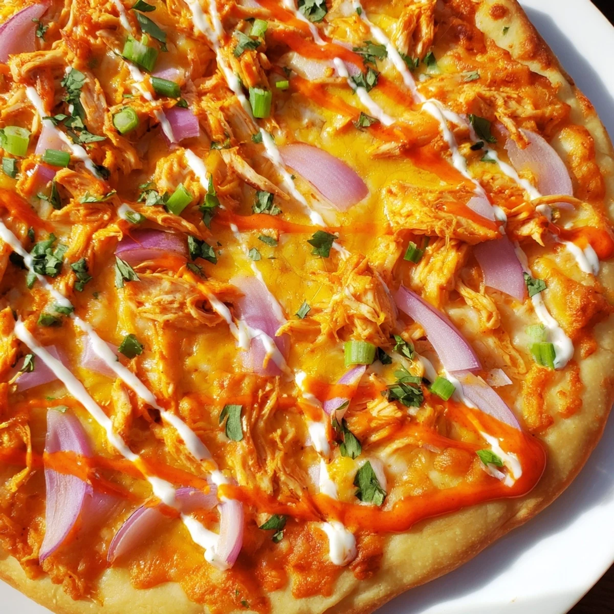 Spicy buffalo chicken pizza with melted mozzarella and cheddar on a golden crust, drizzled with ranch dressing.