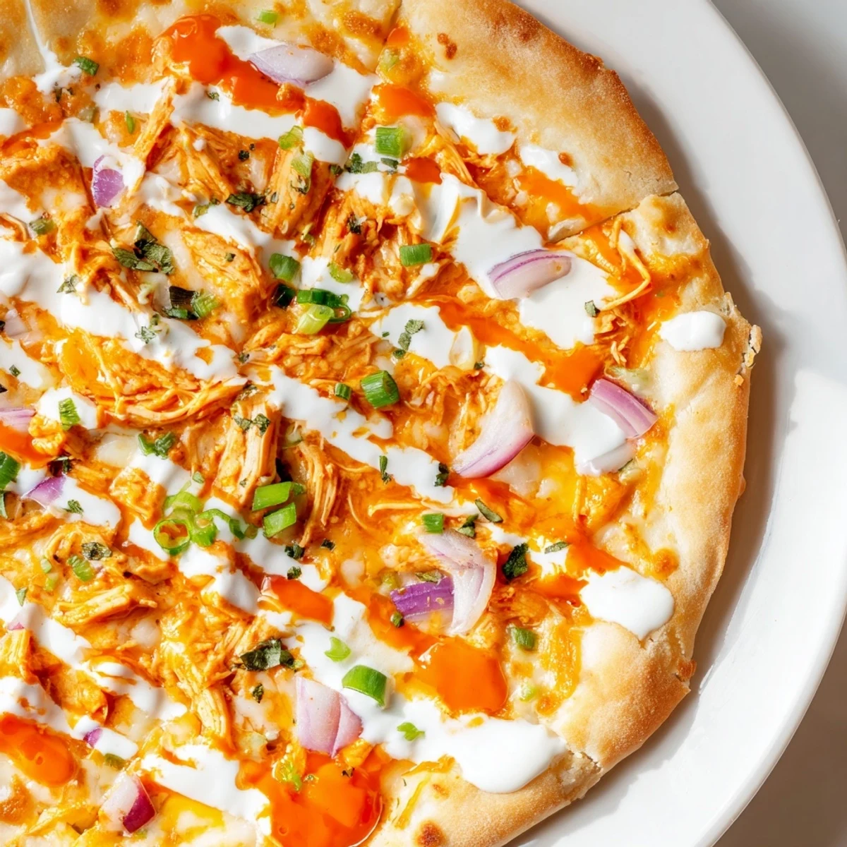 Sizzling Bold Buffalo Chicken Pizza topped with shredded chicken, tangy buffalo sauce, and creamy ranch, perfect with extra drizzle.