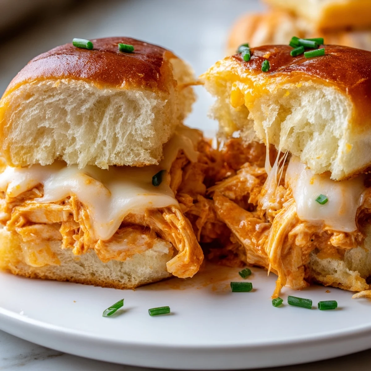 Buffalo Chicken Pizza Dip Sliders featuring a creamy buffalo chicken filling tucked inside soft slider buns, brushed with garlic butter and baked until bubbly.