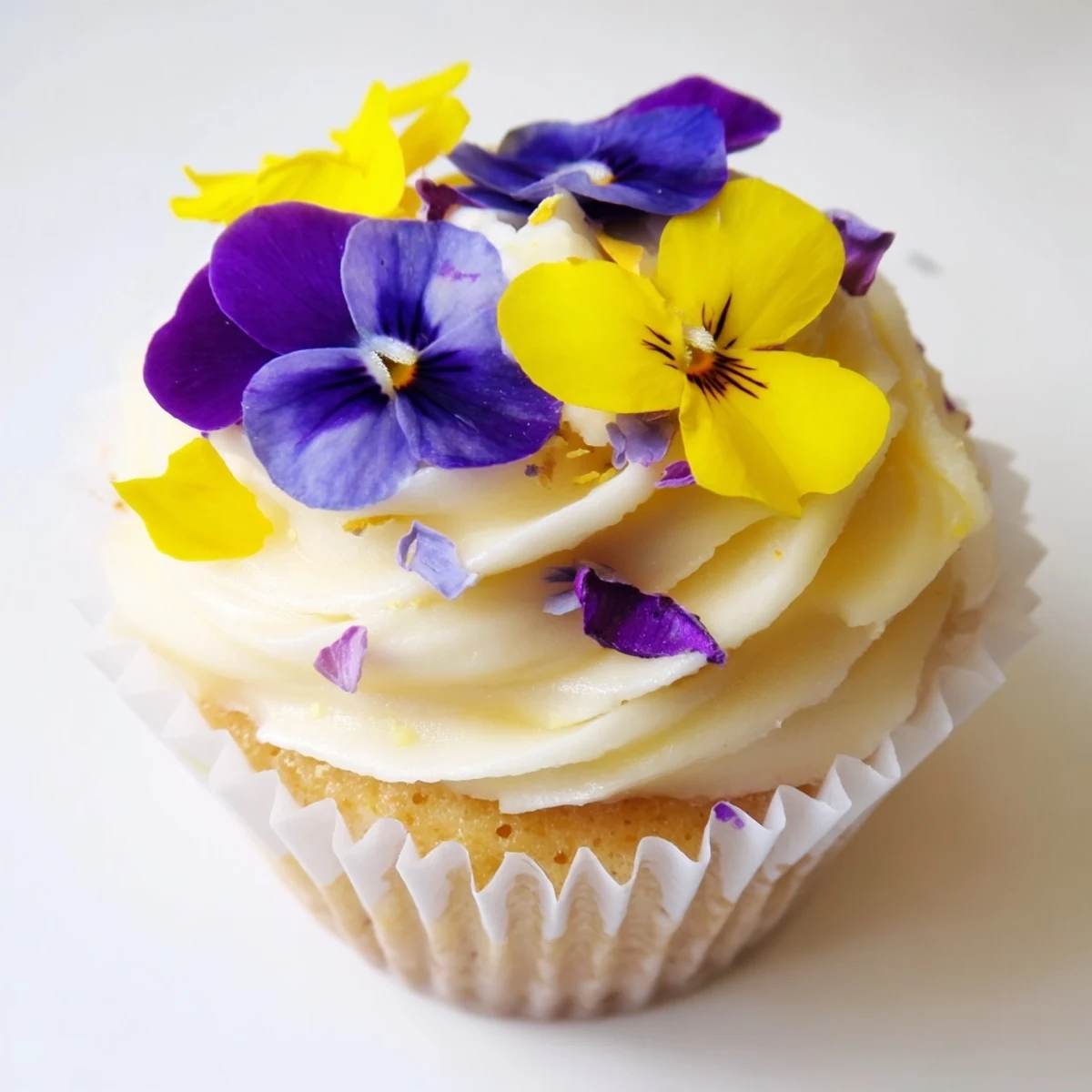 A close-up of Wild Flower Cupcakes with vanilla buttercream and colorful edible wildflower decorations on a rustic table.