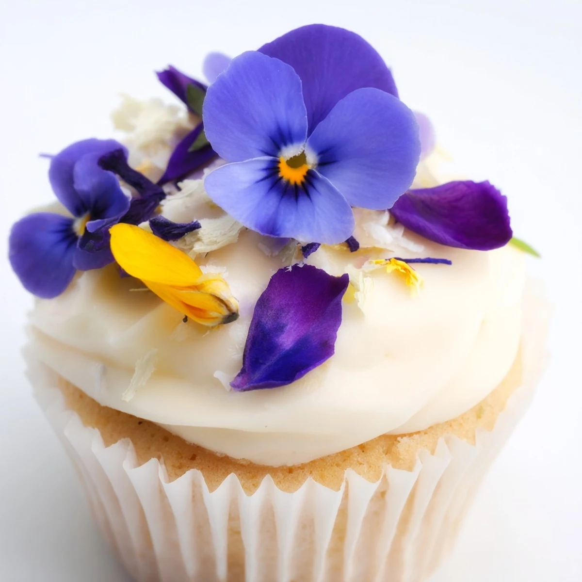 Delicate Wild Flower Cupcakes dusted with powdered sugar and fresh edible flowers, ideal for a garden party dessert.