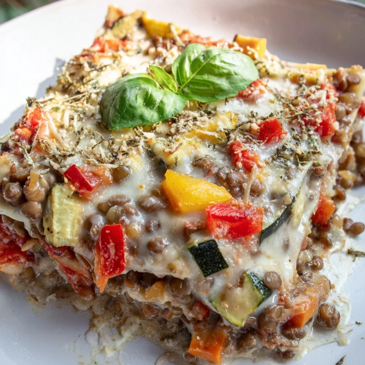 Smoky Veggie Lentil Lasagna showcases golden edges and bubbling mozzarella on a family-style platter.