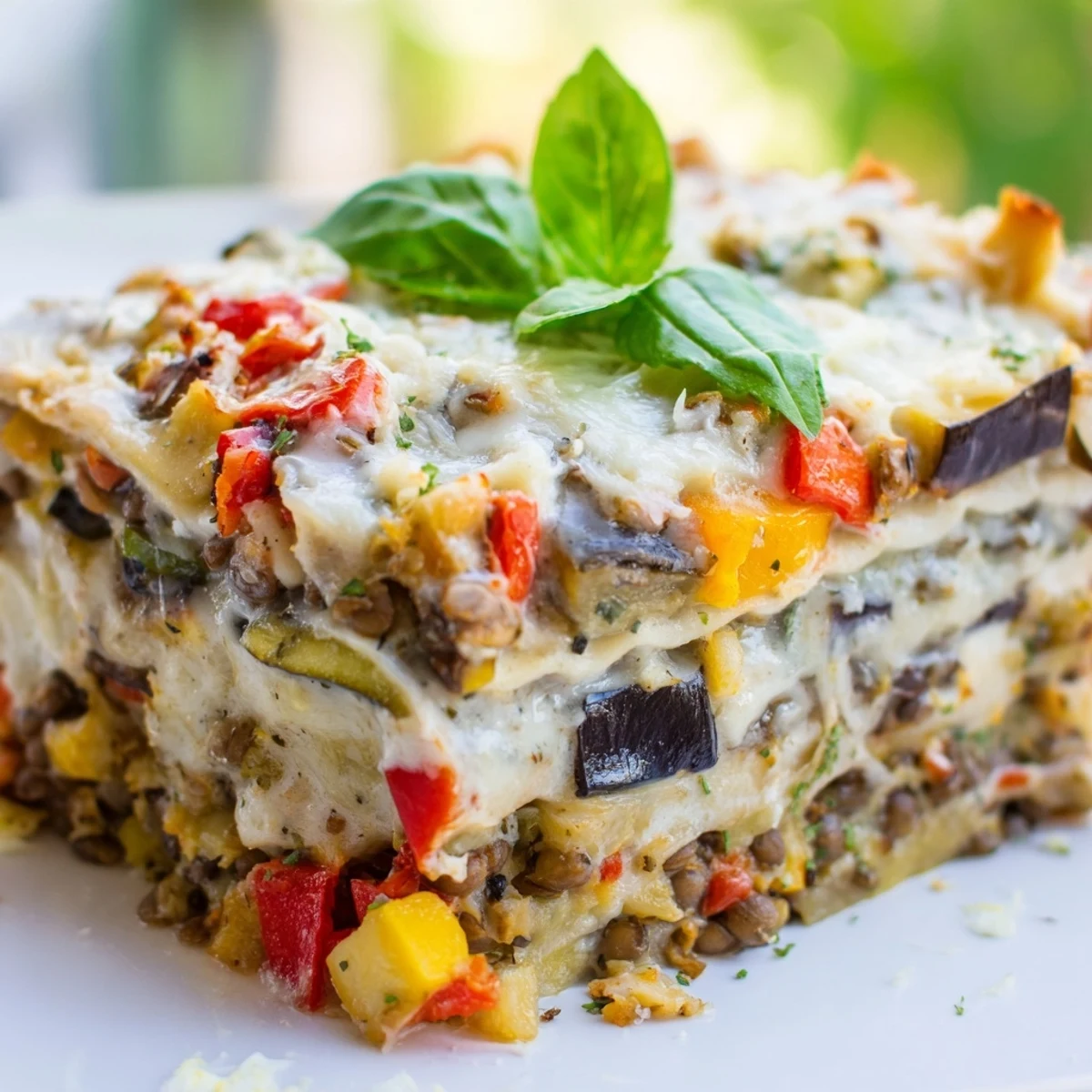 Smoky Veggie Lentil Lasagna features roasted vegetables layered with lentils and creamy béchamel.