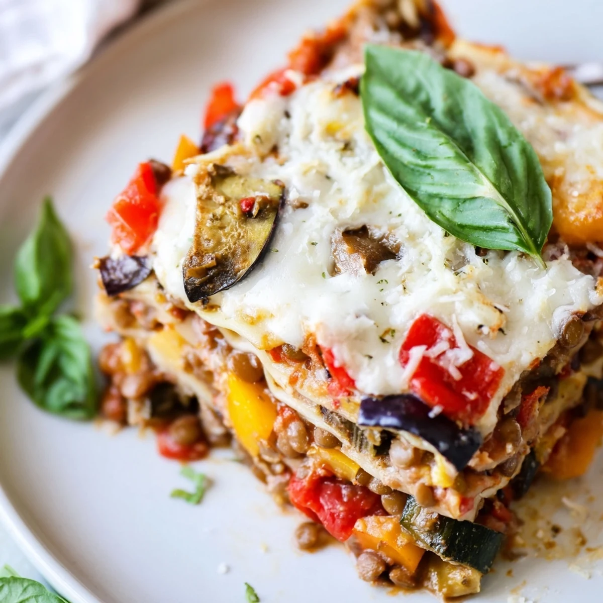 Golden Smoky Veggie Lentil Lasagna slice reveals smoky roasted veggies, lentils, and velvety béchamel.