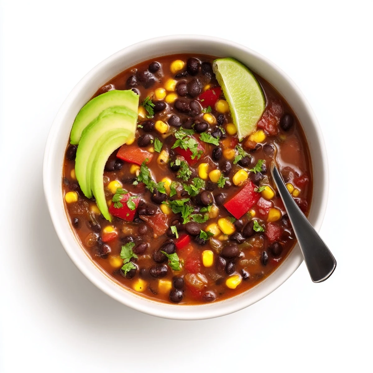 The Black Bean Corn Chili Lime Delight simmers in a rustic pot, showcasing vibrant corn and bean textures.