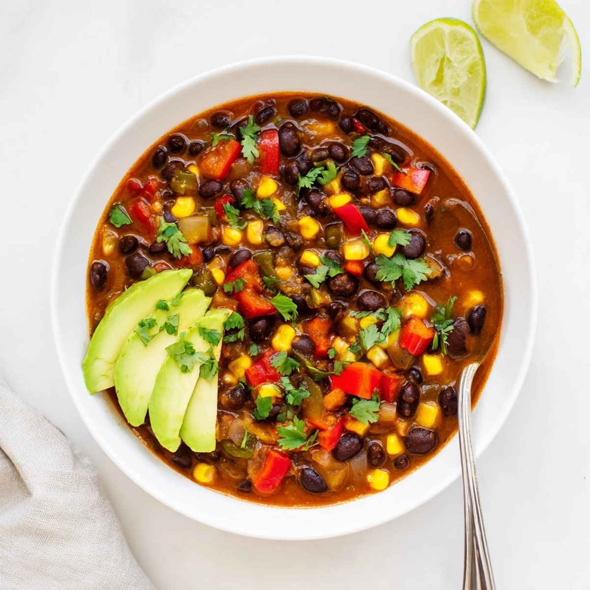 Close-up of a hearty Black Bean Corn Chili Lime Delight topped with fresh lime wedges and cilantro.